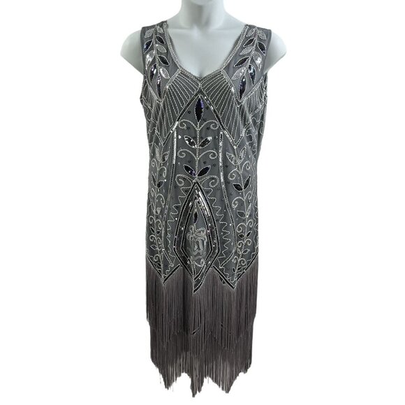 Metme XL Womens Flapper Dress Roaring 1920s Sequins Beaded Fringe Great Gatsby - Picture 1 of 12